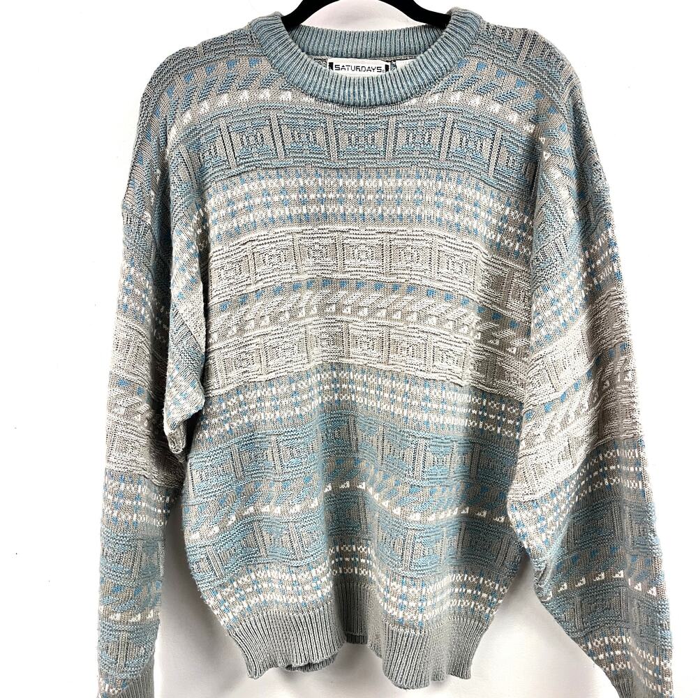 Men's Vintage Saturdays knit blue gray textured crew neck sweatshirt XL